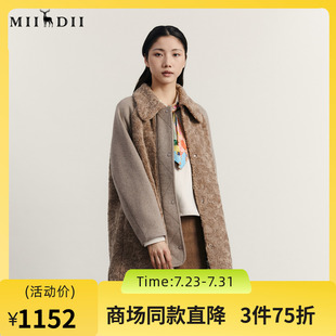 外套女234MD1572 谜底羊羔毛拼接呢子大衣女2023冬特色绣花中长款