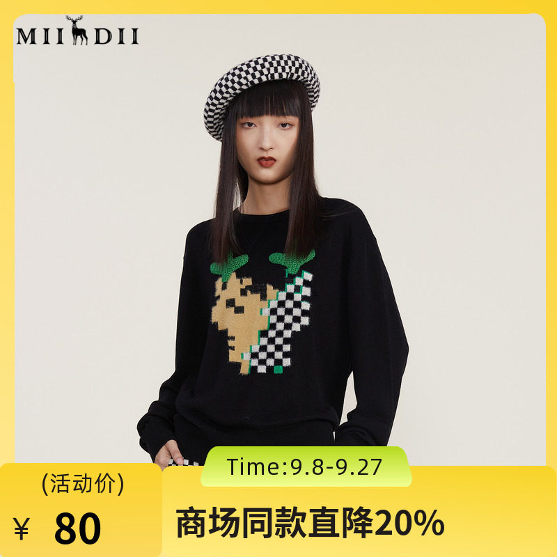 谜底冬季复古百搭套头毛针织衫女麋鹿图案毛衣224MZ1906