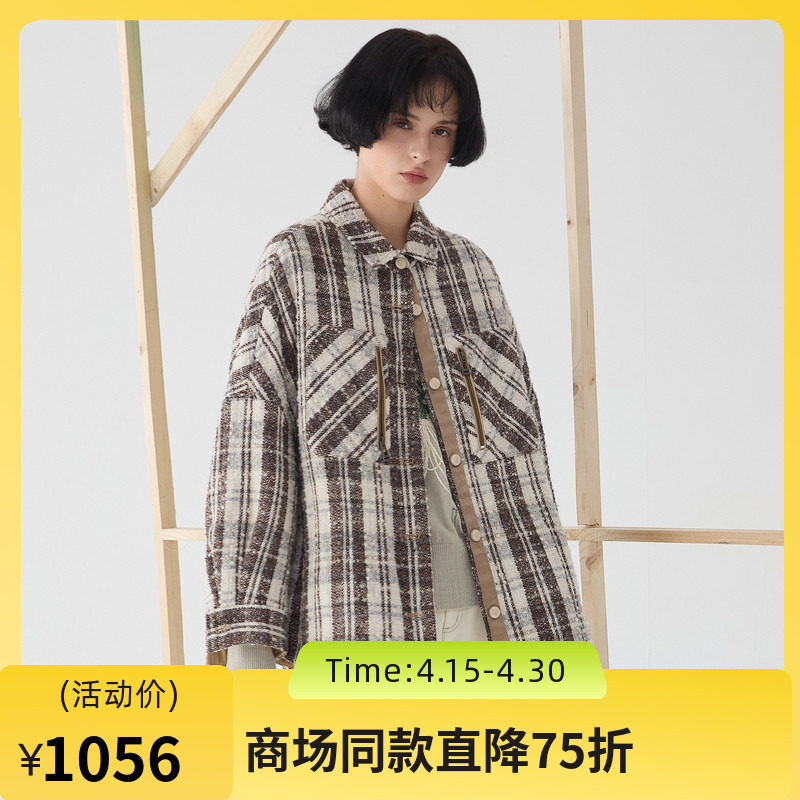 谜底格纹衬衫式大衣女2025春新品复古风粗花呢格子外套251MD0010