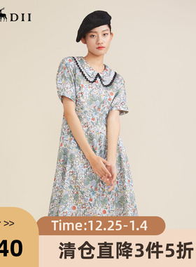 谜底纯棉短袖连衣裙2022夏新款复古田园收腰花色中长裙222ML0707