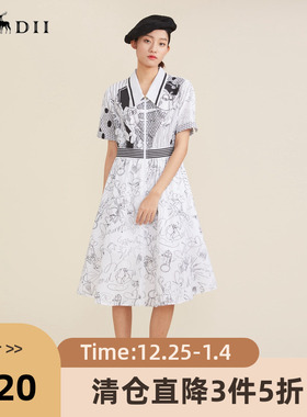谜底2022夏季新款复古文艺矿石印花纯棉收腰短袖连衣裙222ML0676