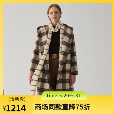 谜底毛呢大衣女士2024冬季新品复古风宽松格子呢子外套244MD1454
