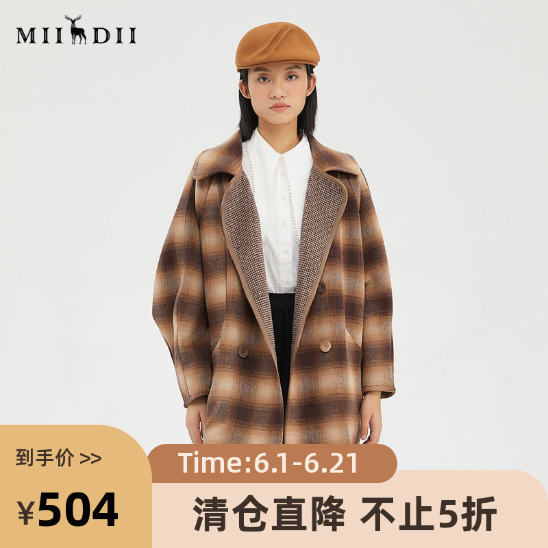 谜底2022冬款复古时尚文艺格纹中长款羊毛呢大衣外套女229MD6197