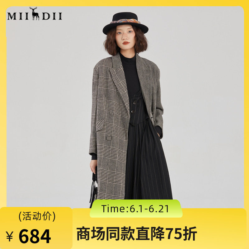 谜底长款毛呢大衣女2023冬新款复古通勤西装领呢子外套239MD7309