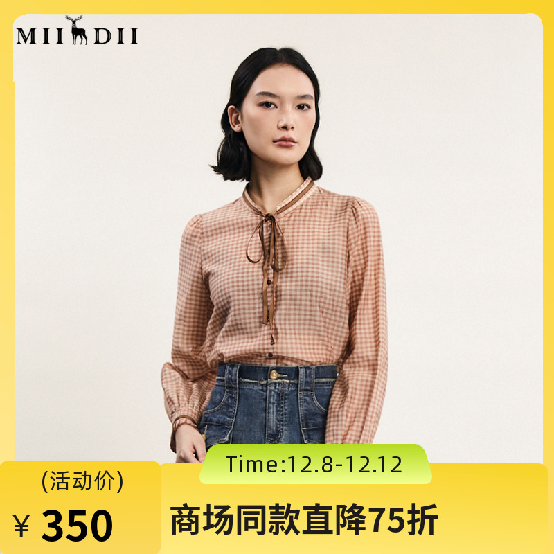 复古田园风格子衬衫，领口飘带增加细节感