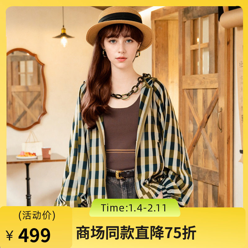 谜底连帽宽松外套女2025秋新款复古学院风格纹夹克长袖257MW7701,女装/女士精品,短外套,淘宝优惠券,粉丝福利购,淘宝优惠卷