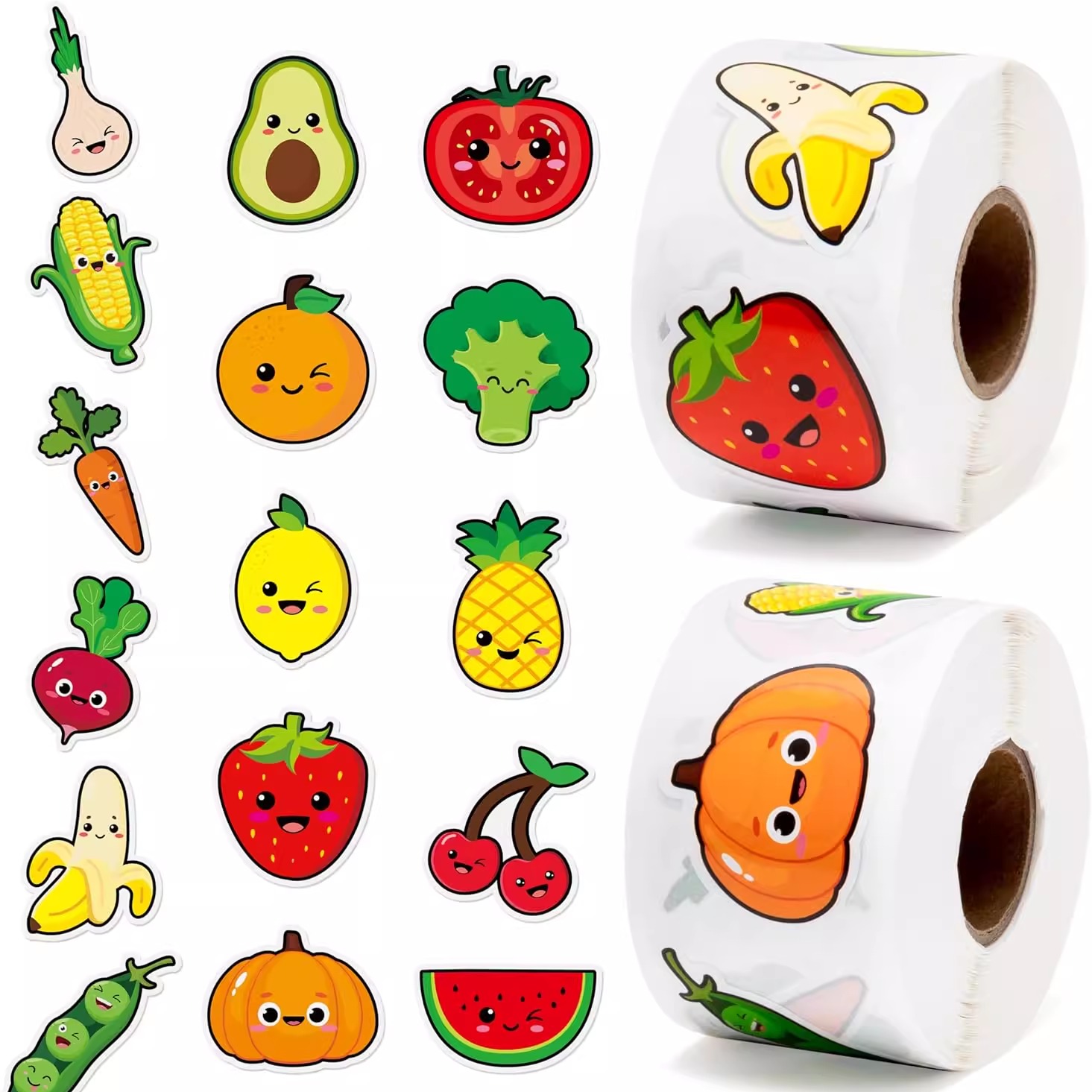 500张/卷卡通可爱蔬菜水果表情贴纸儿童认知玩具手账烘焙装饰封口