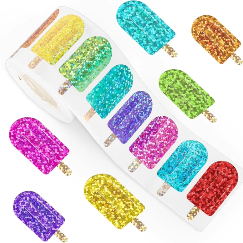 500张/卷夏日彩色冰棍雪糕镭射贴纸diy手账装饰封口外卖包装标签