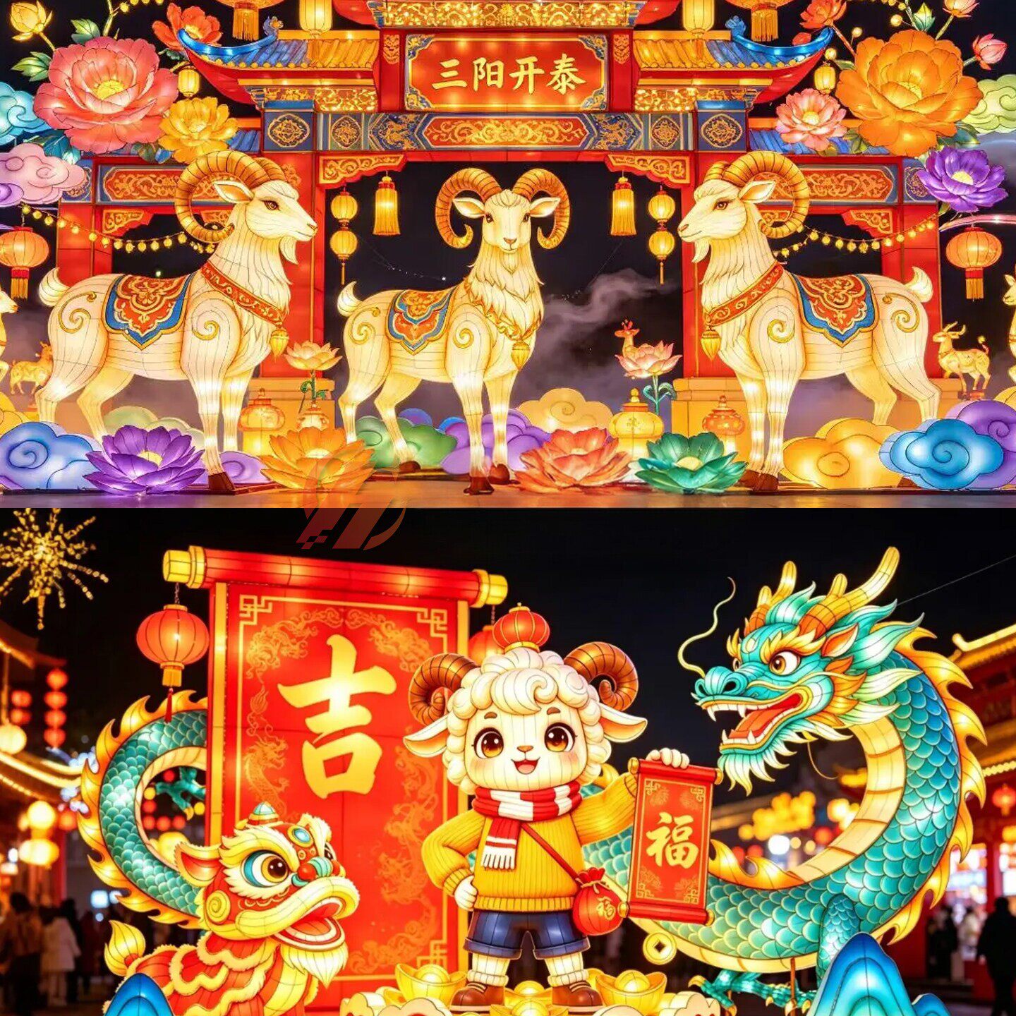 大羊年花灯彩灯户外灯笼会展中秋国庆三羊开泰美陈造景灯组定制