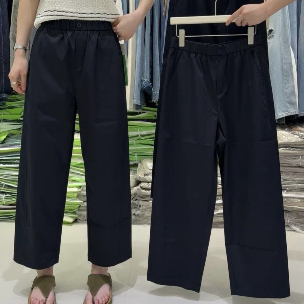 正品探束夏季新款九分休闲直筒裤女显瘦松紧腰透气薄料宽松哈伦裤
