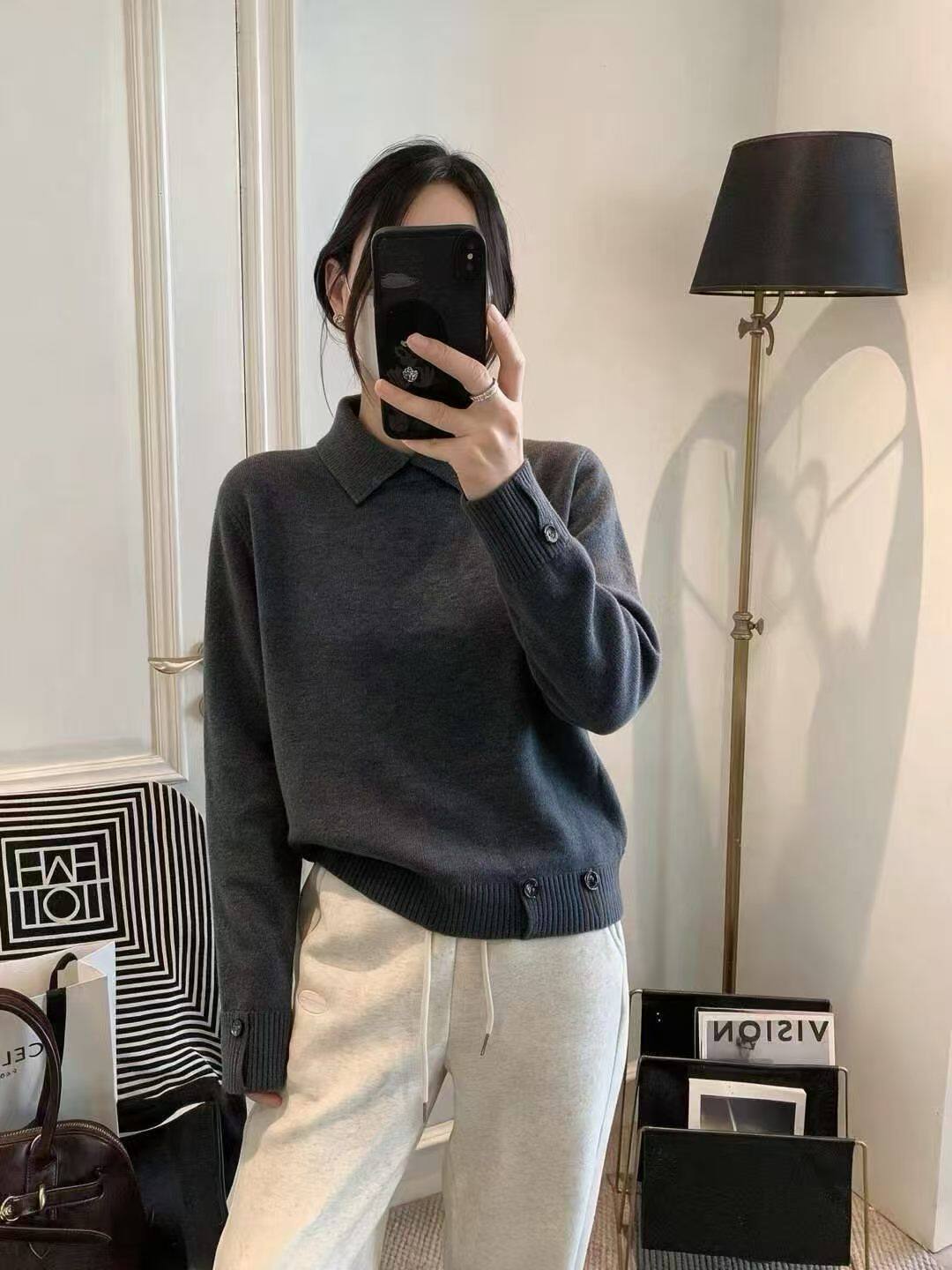 韩系小翻领坑条打底衫女2026秋冬纯色极简风羊毛针织衫上衣宽松潮