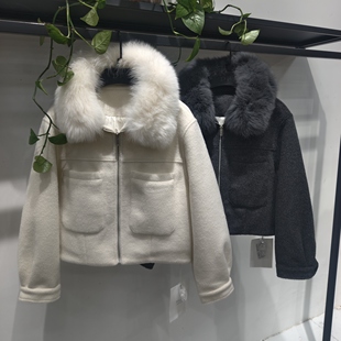 狐狸毛领毛呢外套女短款2025冬季新款加厚休闲夹克羽绒服呢子上衣