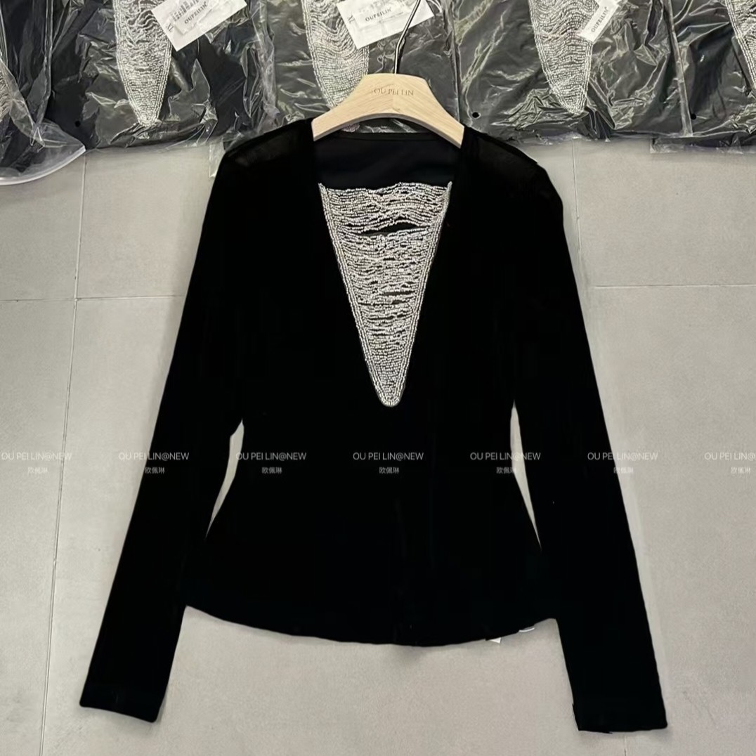 欧洲站财阀千金流苏领纯欲丝绒T恤2026春季新款时尚聚会战袍上衣,女装/女士精品,真丝上装,淘宝优惠券,粉丝福利购,淘宝优惠卷