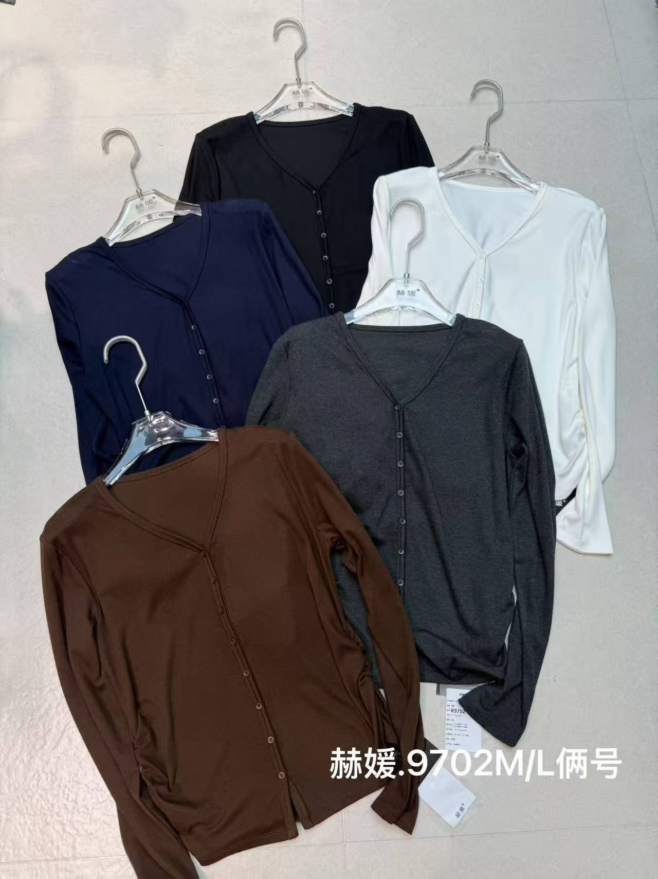 赫媛经典原创复古修身V领显瘦长袖棉T开衫设计师原创衬衫秋季女