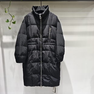 2025冬季新款黑色缎面立领中长款羽绒服女收腰显瘦加厚保暖外套