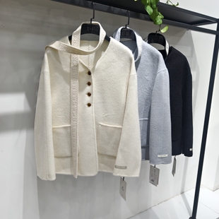 通勤风V领系带双面羊绒短外套女气质设计感毛呢外套