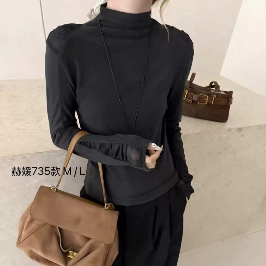 冬季加厚磨毛半高领女打底T恤