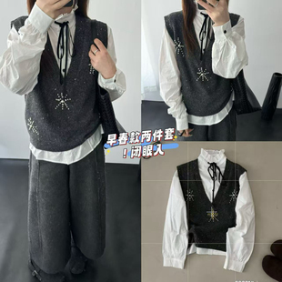 高端欧货2025冬新款V领钉珠无袖针织马甲女polo领衬衫叠穿两件套