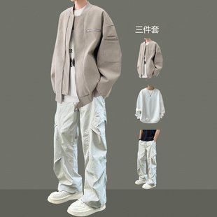 美式 痞帥氣棒球服外套穿搭青少年三件套 高街機車皮衣夾克男生套裝