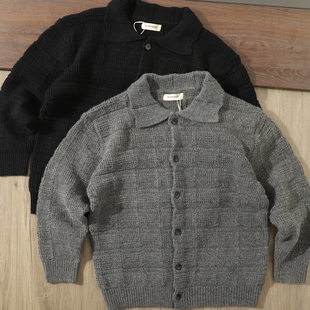 日单咔叽重磅厚实复古老钱风宽松翻领针织开衫男慵懒休闲毛衣外套