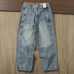 垂感有型！美式复古纯棉水洗做旧弯刀牛仔阔腿裤男宽松休闲长裤潮