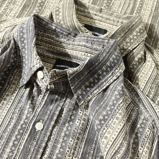 日单咔叽纯棉水洗竖条纹高级感宽松长袖 男民族风色织休闲衬衣 衬衫