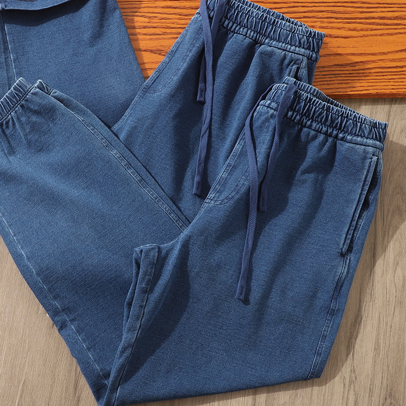靛蓝染成衣水洗牛仔束脚裤长裤秋