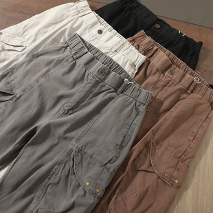 分割拼接休闲弯刀裤 美式 男士 裤 复古港风潮牌纯棉水洗做旧宽松工装
