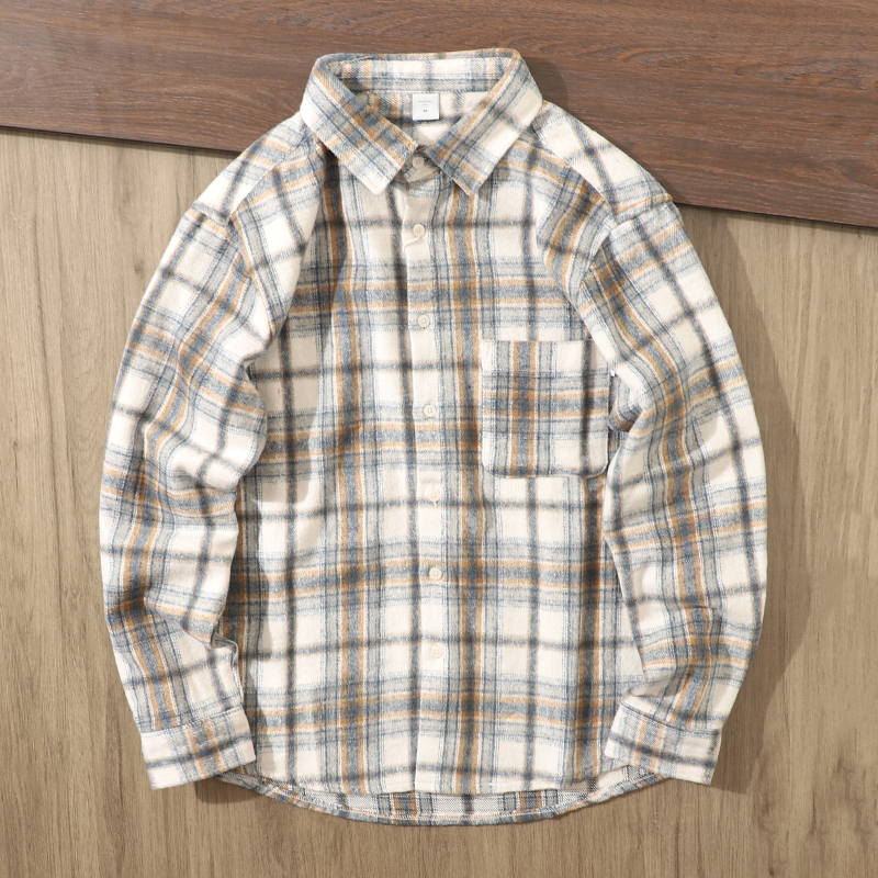 日系复古色织格纹宽松长袖衬衫男