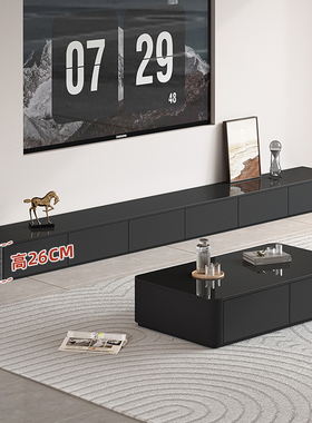 黑色电视柜落地茶几组合玻璃款高26cm客厅家用小户型实木电视柜