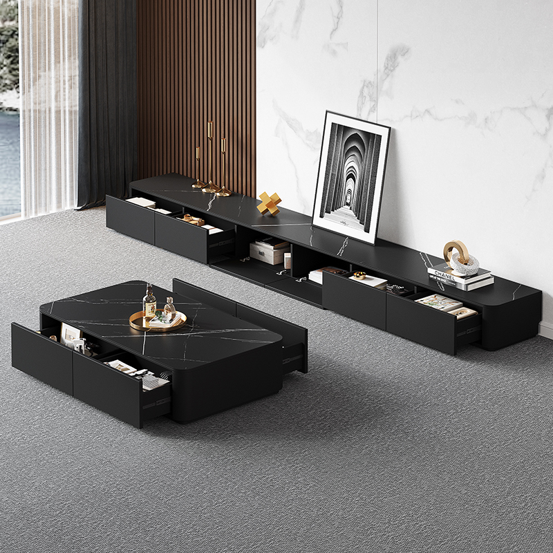 电视柜茶几组合客厅加宽40收纳储物柜一体2025新款黑色落地电视柜