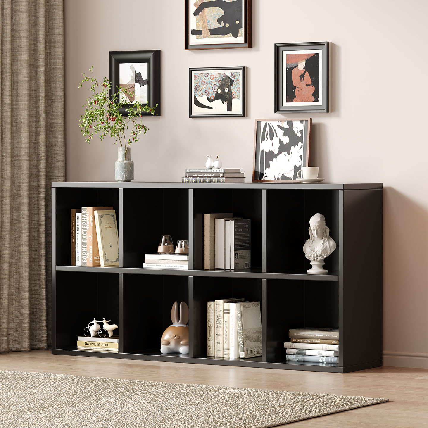 实木书架落地黑色自由组合客厅收纳柜子储物柜家用格子书柜置物柜