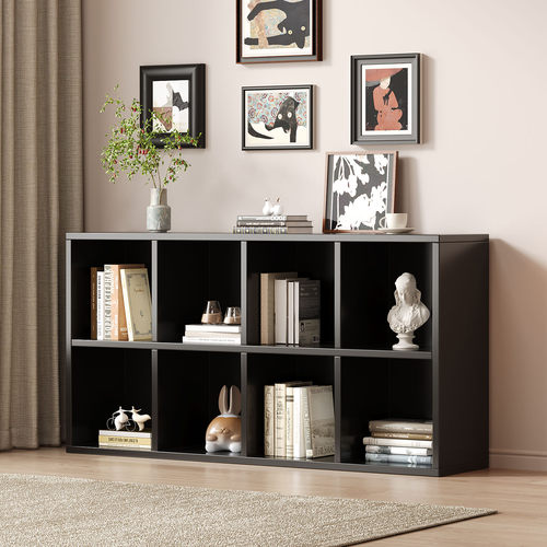 实木书架落地黑色自由组合客厅收纳柜子储物柜家用格子书柜置物柜