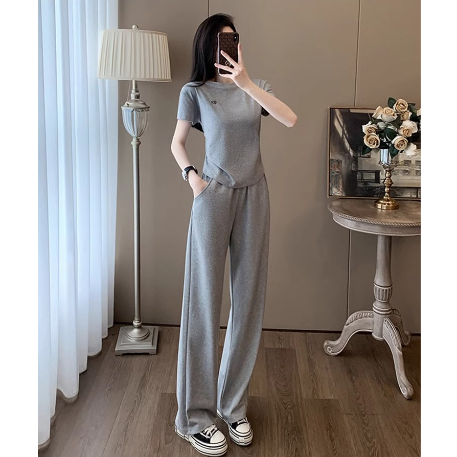 休闲运动服套装女夏季2025新款洋气显瘦宽松短袖时尚阔腿裤两件套