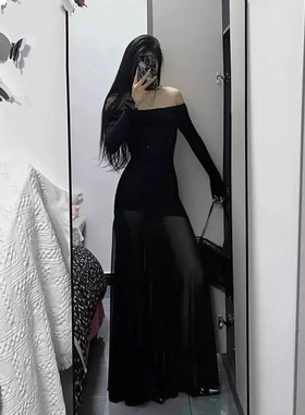 黑色网纱一字肩连衣裙女秋季纯欲气质辣妹小个子修身显瘦长袖长裙