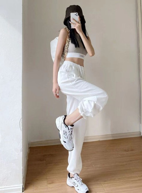 白色运动裤女高腰宽松显瘦阔腿直筒休闲裤抽绳美式卫裤