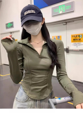 40支1*1螺纹棉美式POLO领百搭鱼骨正肩开抽POLO领修身长袖T恤