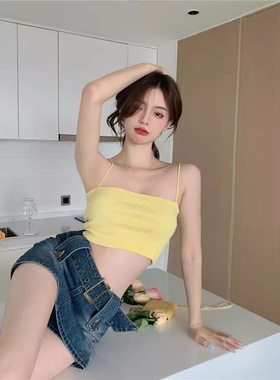 粉色时尚外穿裹胸吊带2024夏季新款修身短款内搭小背心性感上衣女