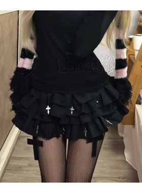 美式复古千禧辣妹黑色十字架蓬蓬裙女亚文化朋克y2k半身蛋糕裙子