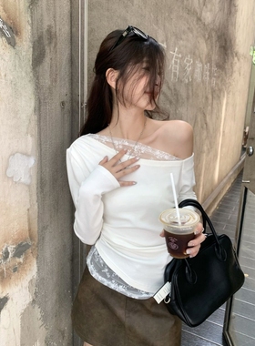 纯欲风蕾丝边拼接长袖T恤女2025早秋新款斜领露肩假两件长袖T恤