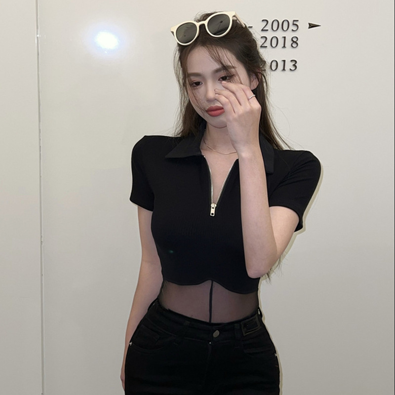官图实价 甜辣妹短袖T恤御姐透视网纱夜店风显瘦连体衣服上衣女
