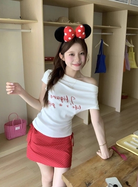 美式白色字母正肩短袖t恤女夏季辣妹修身显瘦高级感休闲百搭上衣