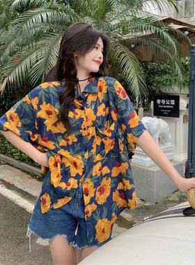 polo领短袖花衬衫女春季2025新款复古港味设计感小众宽松开衫上衣