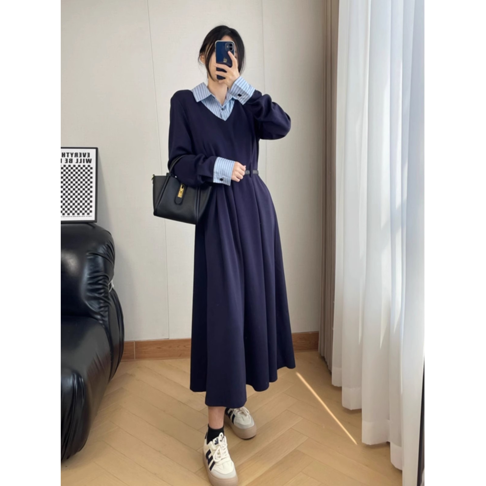 大码Polo领衬衫拼接假两件裙子女秋冬胖妹妹学院风气质显瘦连衣裙