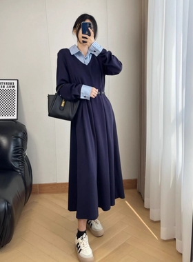 大码Polo领衬衫拼接假两件裙子女秋冬胖妹妹学院风气质显瘦连衣裙