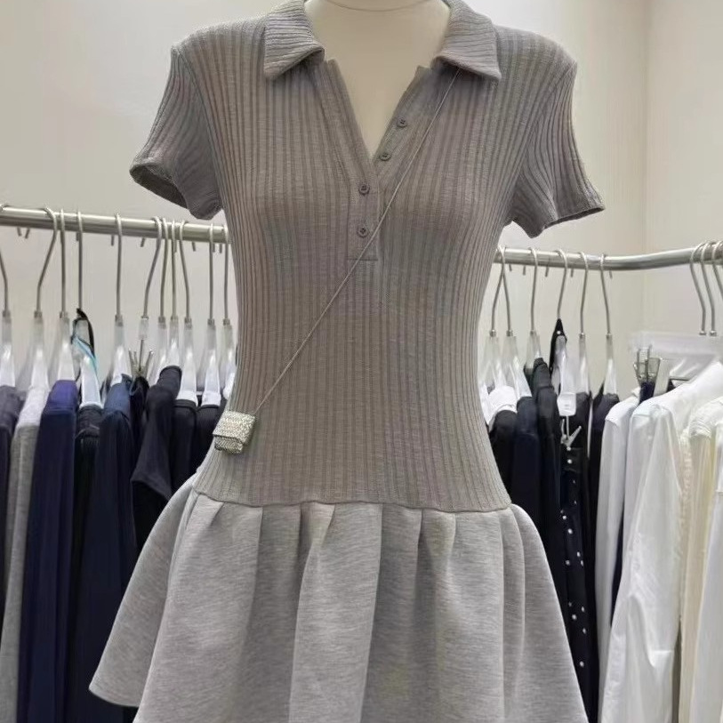 美式校园风运动修身POPL领针织连衣裙女春夏设计感荷叶裙边短裙子