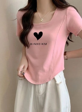 40支92棉8氨纶210克正肩短袖T恤女遮肚甜美显瘦显高鱼骨ins风短款