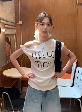 辣妹白色斜露肩扭结短袖t恤女夏修身新款设计感韩系chic别致上衣