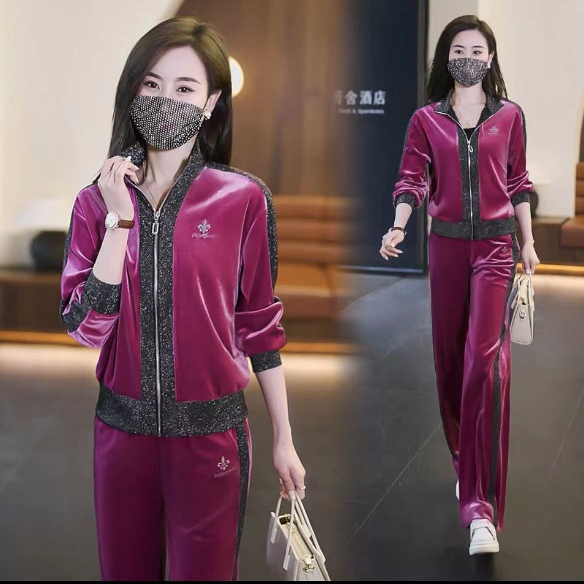 高档次金丝绒休闲运动服套装女2025新款洋气短款外套直筒裤一整套