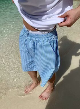夏季美式蓝色条纹速干短裤男女款宽松休闲松紧腰阔腿沙滩裤五分裤